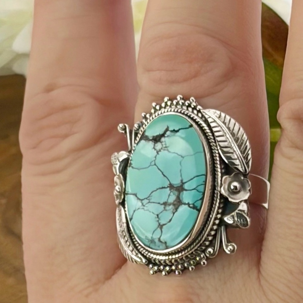 Southwest Spiderweb Turquoise Ring Size 9 Navajo Style Pure Sterling Silver 925 - Picture 4 of 11